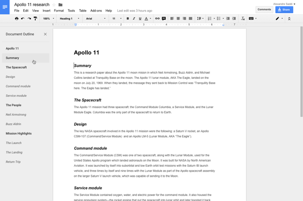 Google Docs outline feature